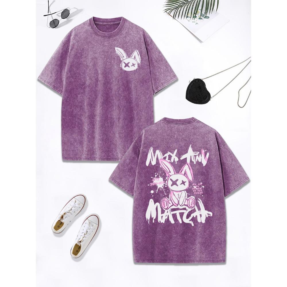 Cartoon Rabbit Match Graffiti Text Prints Washed T-Shirt Women Cotton Oversize Tops O-Neck Distressed T Shirt Clothes