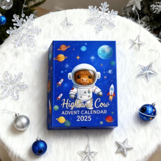Astronaut Highland Cow Advent Calendar 24 Days Acrylic Ornament Box with Space Themed Surprises Christmas Countdown Decor for Kids