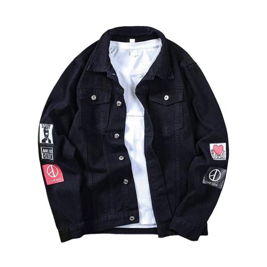 

Long Sleeves Pockets Single-breasted Denim Coat Spring Autumn Letter Print Turn-down Collar Unisex Jacket L чёрный