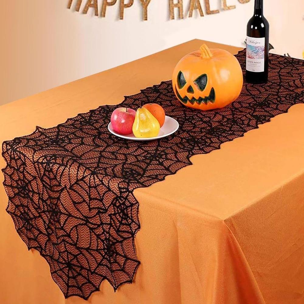 Set Halloween Decorations Black Lace Spider Web Halloween Tablecloth Runner Fireplace Mantel Scarf for Halloween Party 2025