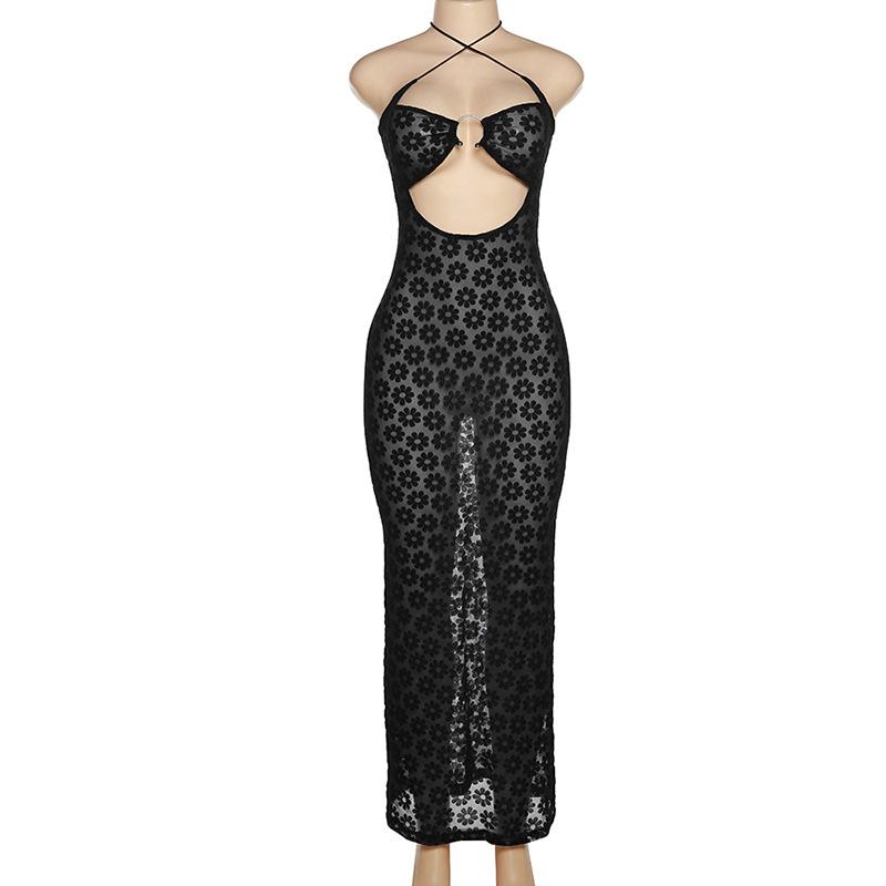 Women Summer Sexy Backless See Through Club Party Gown Elegant Floral Halter Cut Out Maxi Dress