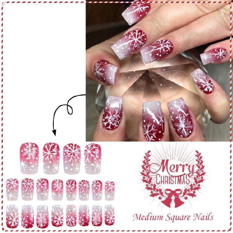 Durability ABS Press On Nail Pack of 24 Red White Snowflake Christmas Fake Nail Easy Application for Long Last Wear