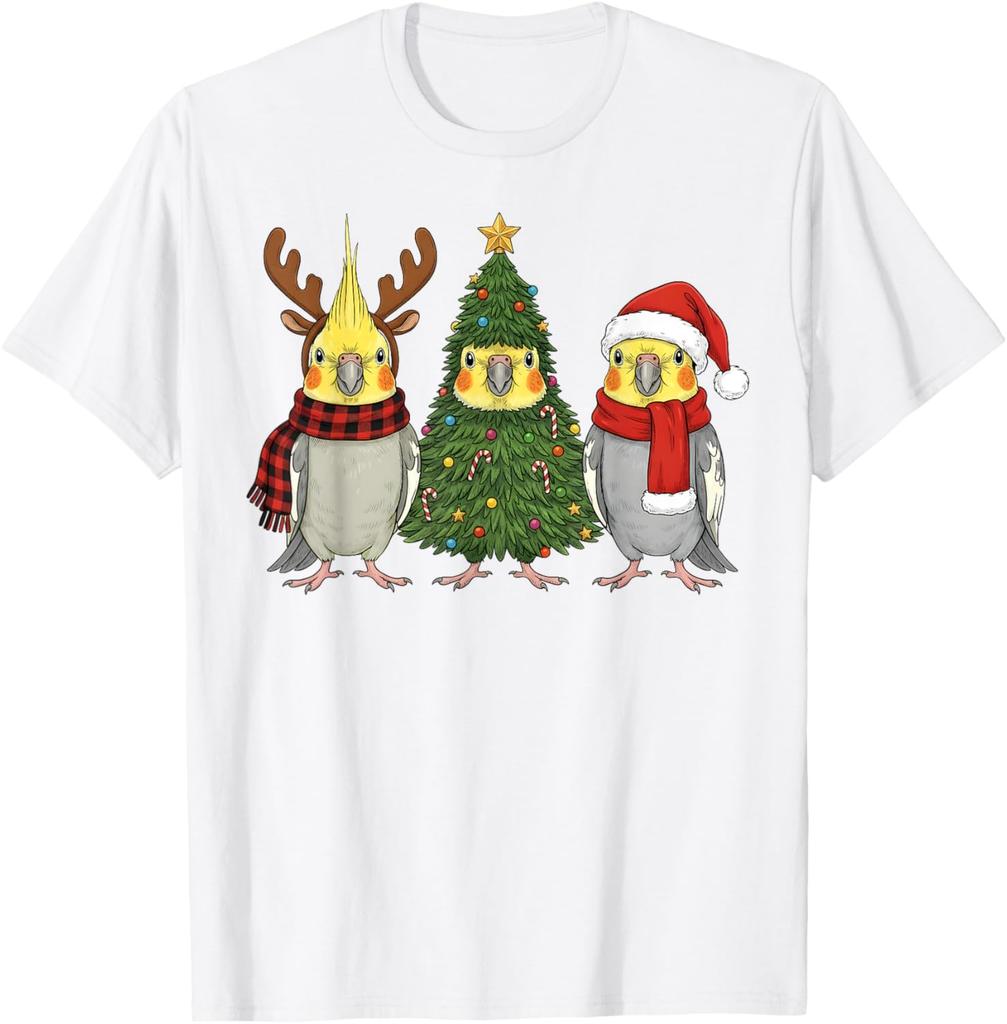 Funny Cockatiel Christmas T-Shirt Santa Reindeer Parrot Graphic Tee Unisex Casual Cotton Print