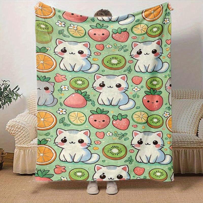 1pc Cartoon Cat Printing Lightweight Flannel Blanket, Comfortable and Warm Blanket, for Camping Sofa Bed and Couch Office, Gift