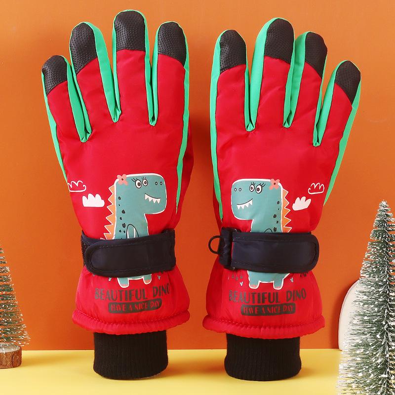 Mănuși de schi de iarnă pentru copii pentru căldură, catifea îngroșată, mănuși cu dinozaur mic, sporturi în aer liber, desen animat, degete, mănuși impermeabile