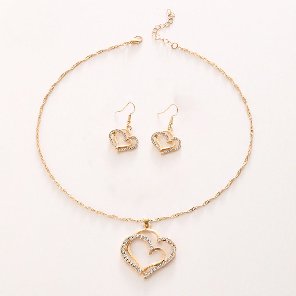 

Gold Silver Love Pendant Double Heart Fashion Jewelry Set Exquisite Necklace Earrings Set Party срібний