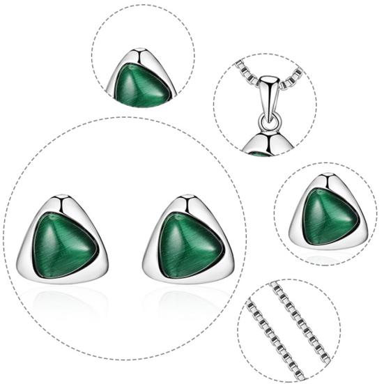 Women Faux Gemstone Triangular Pendant Necklace Ear Stud Earrings Jewelry Set