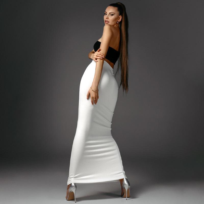 2025 Summer European Two-Piece Set: Solid Bandeau Top & High-Waisted Slim Long Skirt