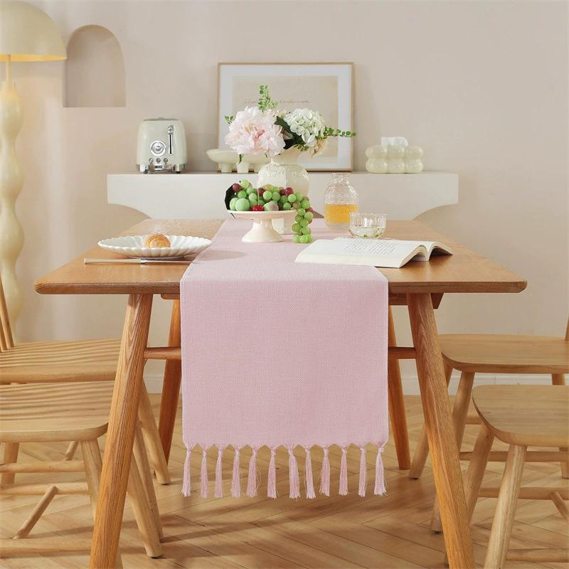 Tassel Table Runner, Linen Blend Rustic Farmhouse Style Kitchen Table Decoration Holiday Wedding Party Dinning Decor