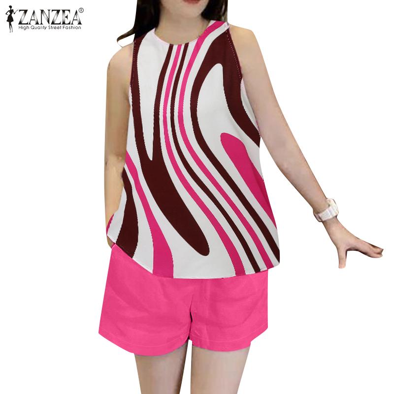 ZANZEA Women Print Tank Tops and Shorts Casual Two Piece Sets