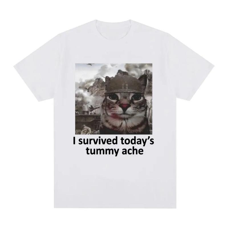 Jag Överlevde Dagens Magont T-shirt Rolig Katt Kreativt Tryckt Kortärmad T-shirt Dam Casual Streetwear Sommar Mjuka Kläder