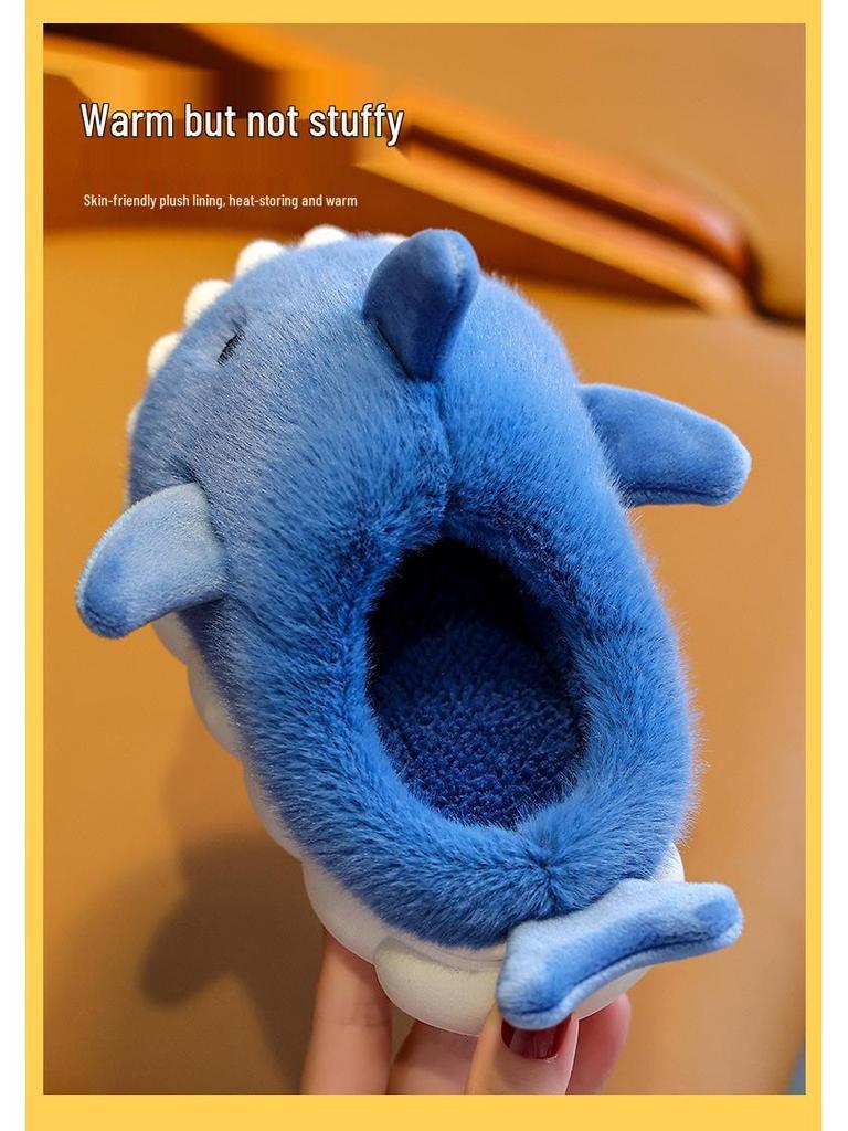 Kids' Cute Cartoon Shark Slippers - Cozy Cotton for Boys & Girls, Thick-Soled for Autumn & Winter Indoor Comfort