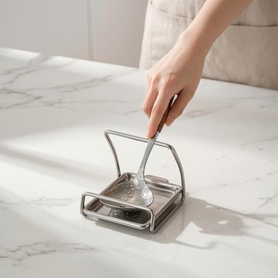 Kitchen Sink Drying Tray 304 Stainless Steel Spoon Rest with Removable Tray, Spatula Cooking Accessory Holder Pot Lid Holder, Sturdy Countertop