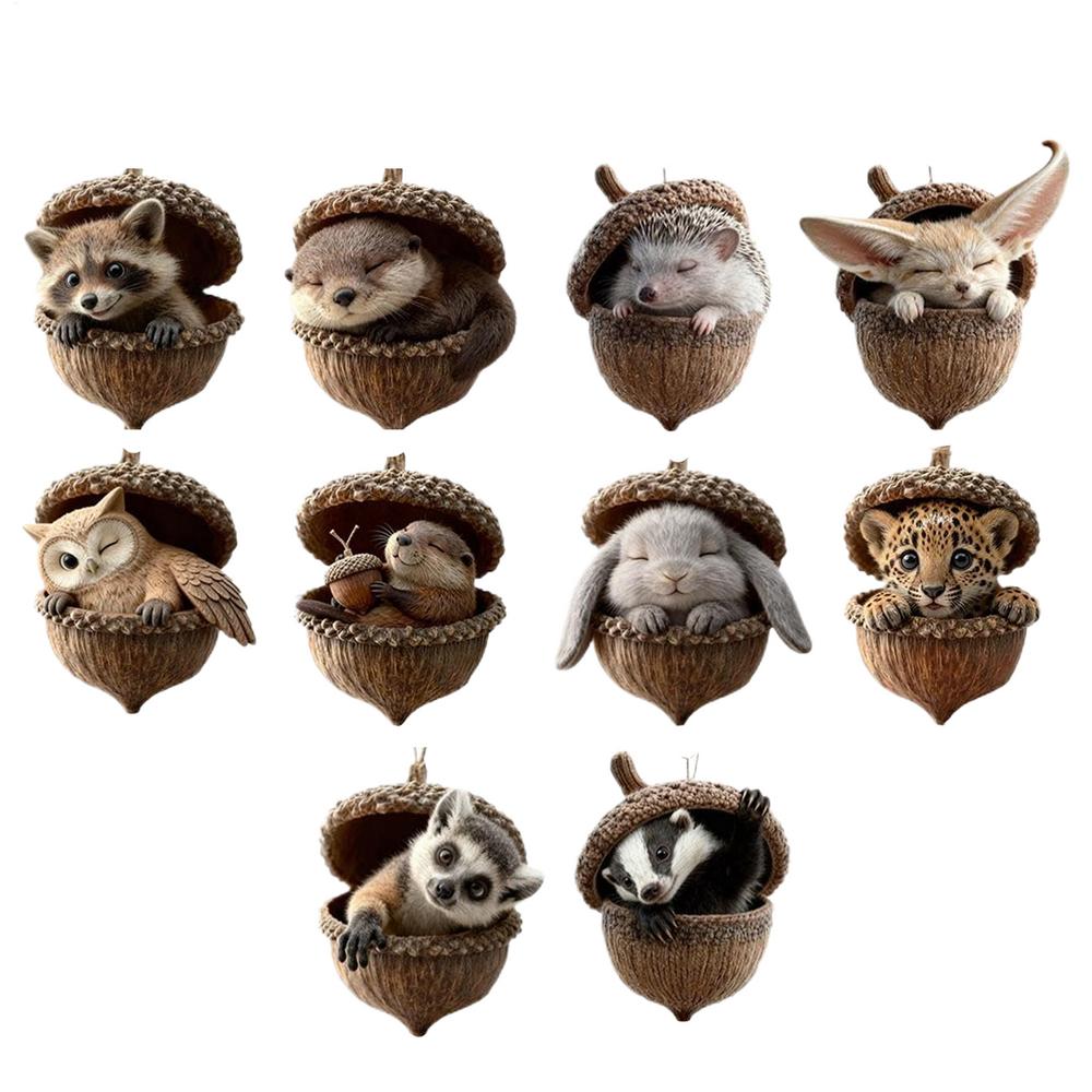 

Animal Acorn Christmas Ornaments 2D Acrylic Pendant Decor 10 Pieces Animal Pattern Ornament for Holiday Winter Home Living Room