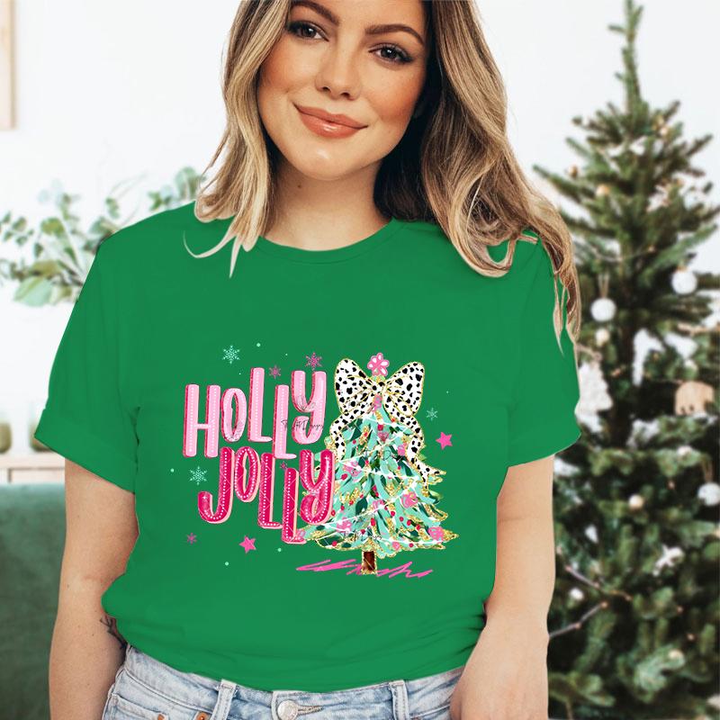 Merry Christmas Tree Design Tshirt Women Funny Festive Fashion Casual Green Tshirt Creative Xmas Tree Graphic Holiday Tops Tees