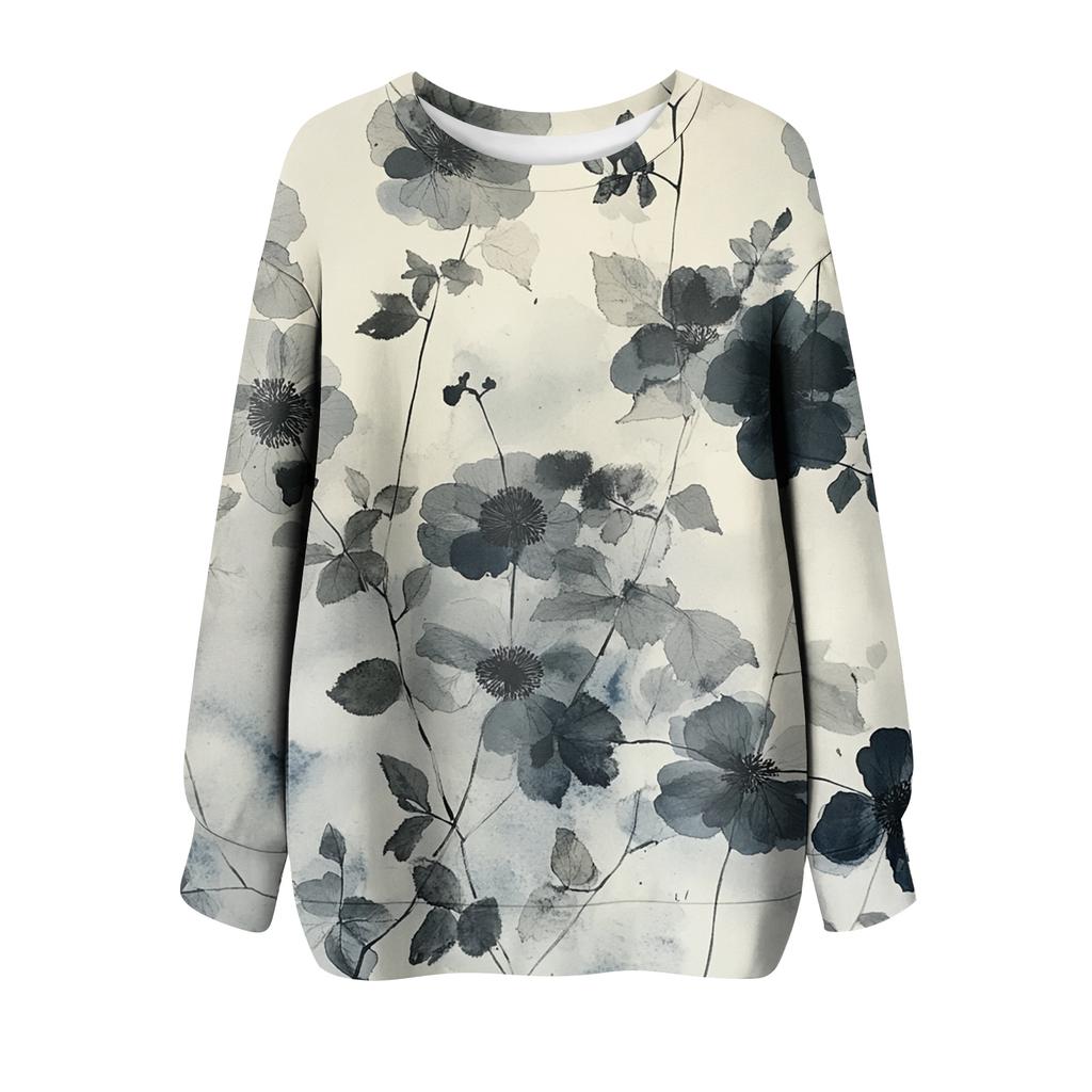 Women's Floral Print Round Neck Long Sleeved T-shirt Sweatshirt Top