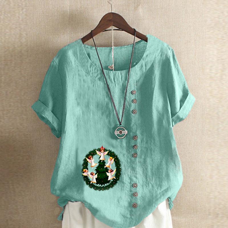 Women's Fashion Round Neck Short Sleeve T-shirt Casual Cotton Linen Graphic Shirt Leisure Loose Christmas Elves Prined Summer Blouse Tops