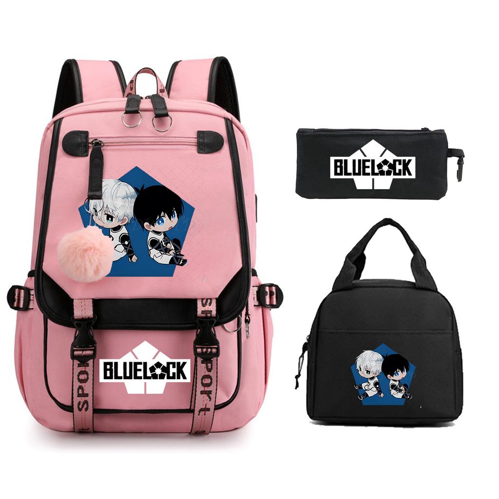 Blue Prison Student School Bag Children'S Meal Bag Casual Pencil Bag Three-Piece Set