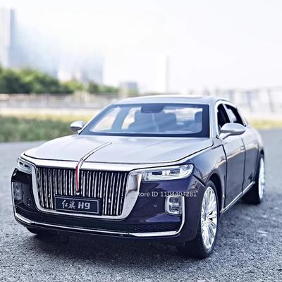 1:24 HONGQI H9 L5 Alloy Model Diecast Car Toy Sound Light Pull Back Door Opened Front Wheel Steering Vehice Collectible Ornament