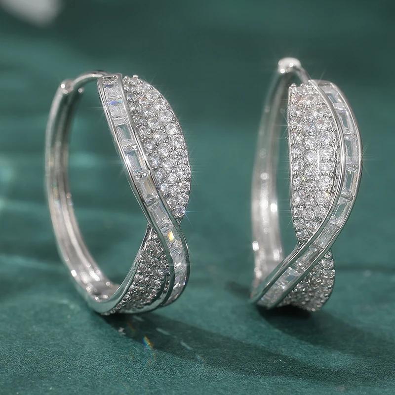 Exquisite Shiny Synthetic Zircon Hoop Earrings Women's Elegant Concise Style Daily Versatile Banquet Jewelry Accessories