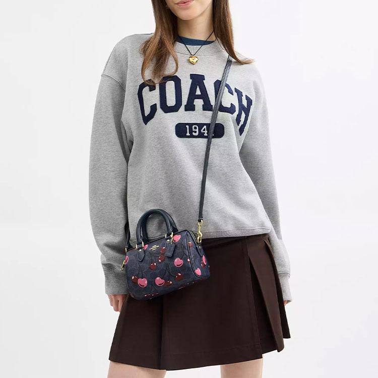 Coach Rowan 17 Brand Logo Cherry Print Leather Cylinder Bag Women Shoulder Bag Blue CY741-IMDEI