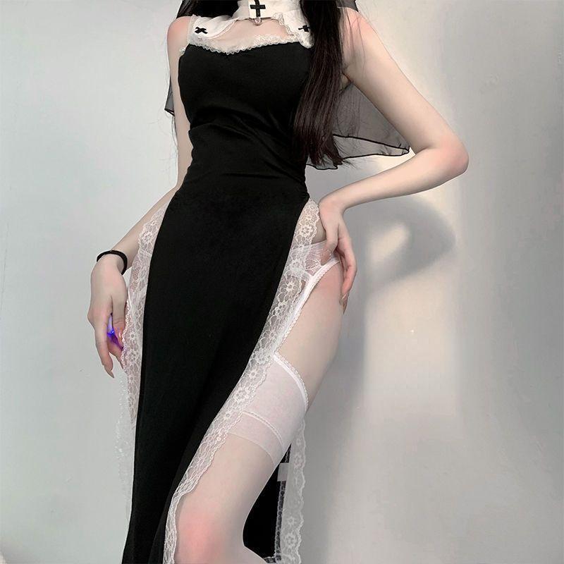 Štíhlé dámské sexy Crossdress Crossdress Cosplay Uniform Velké jednodílné šaty s vysokým děleným dílem
