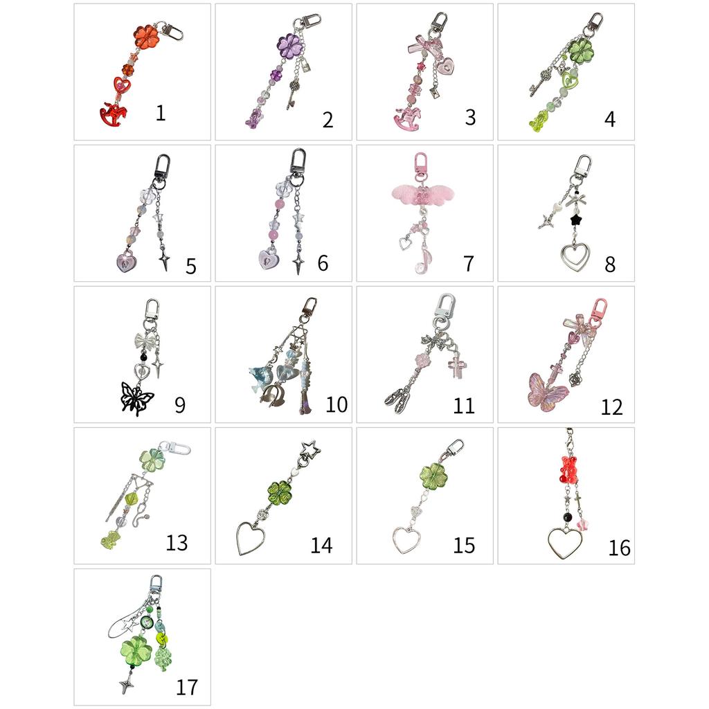 Cute Heart Beaded Keychain Bowknot Four Leaf Clovers Phone Pendant Bag Charm Stylish Accessory for Fashion Enthusiasts