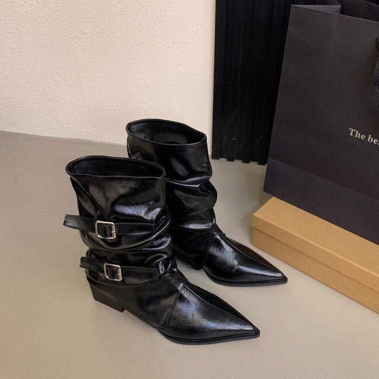 

Women s Retro Pointed Toe Chunky Heel Mid-Calf Boots - 2025 Autumn/Winter Fashion Ruched Pull-On Design Size 40 - Heel Height ~4cm