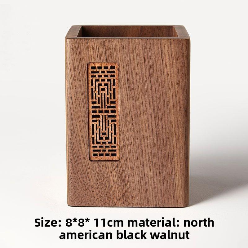 1pcs Solid Wood Multifunctional Pen Holder - Retro Desktop Organizer with Engraving Office Storage Box for Pencils Phone Stand