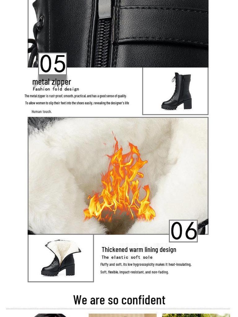 Women's Chunky Heel Leather Ankle & Mid-Calf Winter Boots with Velvet Lining