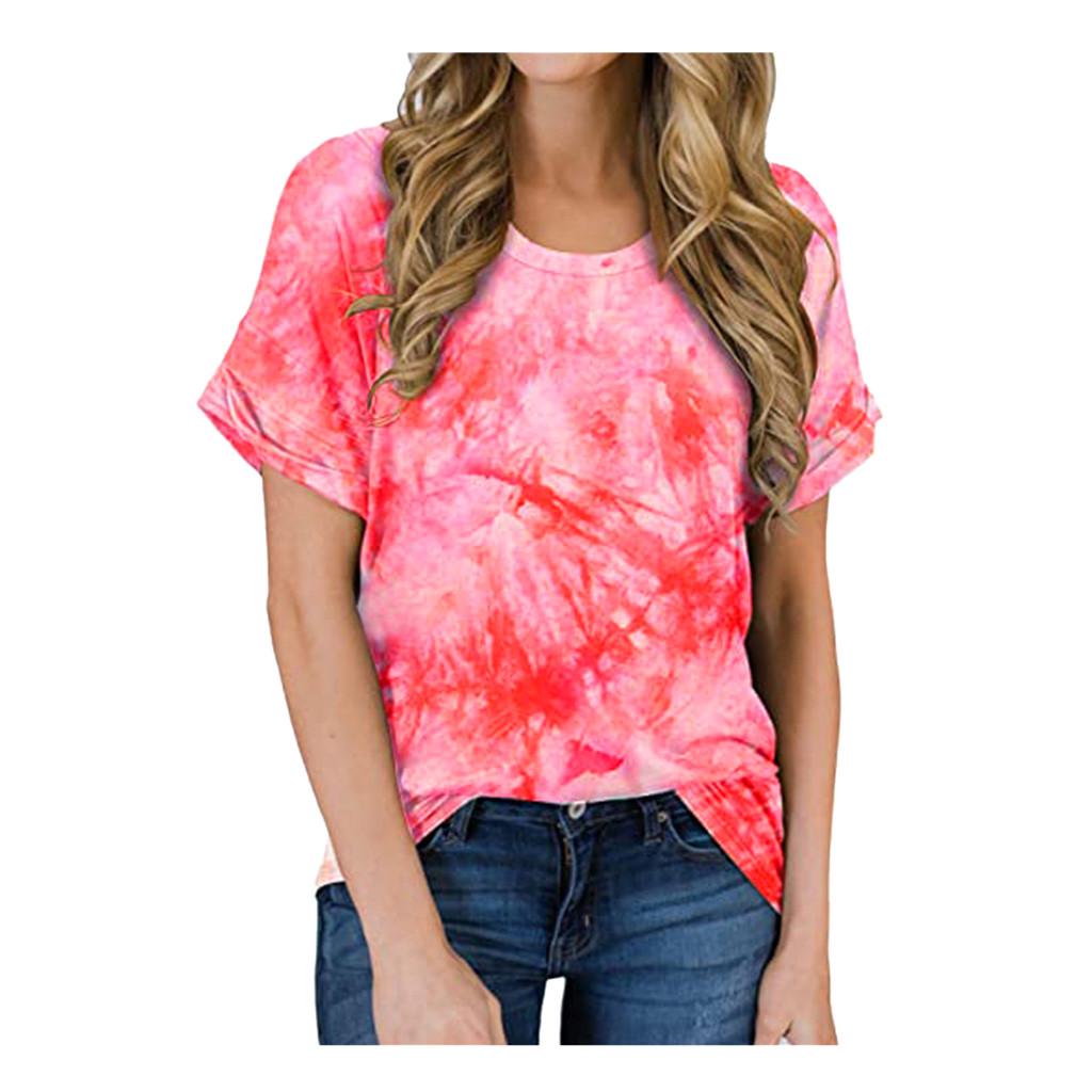Kvinners rundhals kortermet Tie-Dye Print Uformell løs topp T-skjorte bluse
