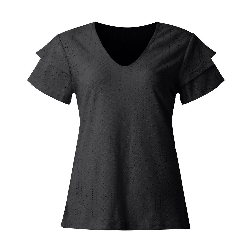 Women's V Neck T Shirt Summer Hollow Casual Ruffle Sleeve Tops Blouse