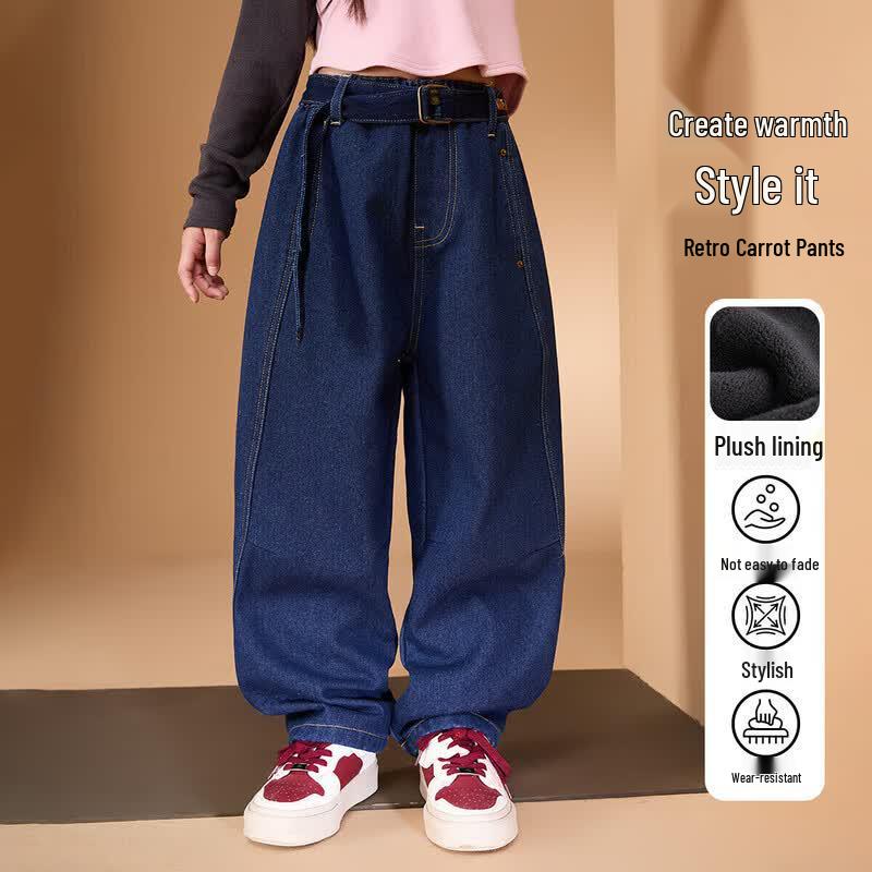 ASK JUNIOR Girls Fleece-Lined Blue Denim Carrot Pants 130