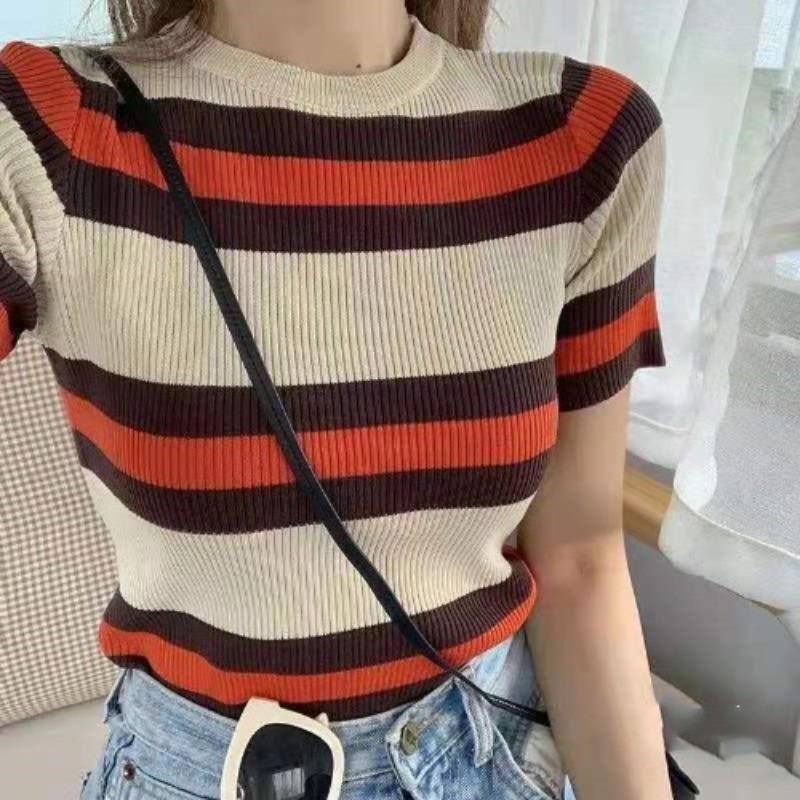 Fashion Striped Short-sleeved T-shirt Women's Spring and Summer Pullover Round Neck Slim Colorblocking Knit Shirt Tops Casual Slim Fit Pullovers Tees