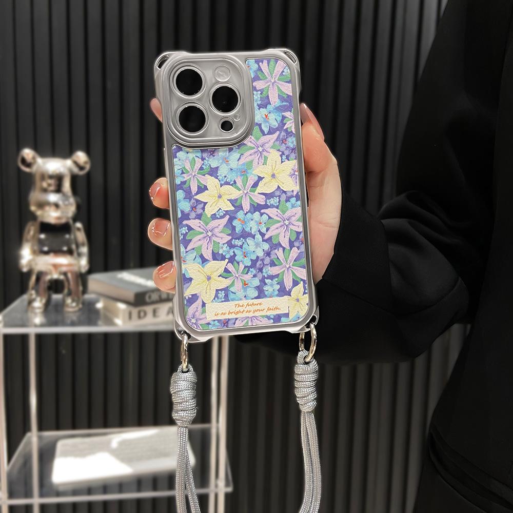 Suitable for iPhone 16Pro Mobile Phone Case Niche Advanced Full Screen Purple Flower Messenger Lanyard Apple 15 Protective Case