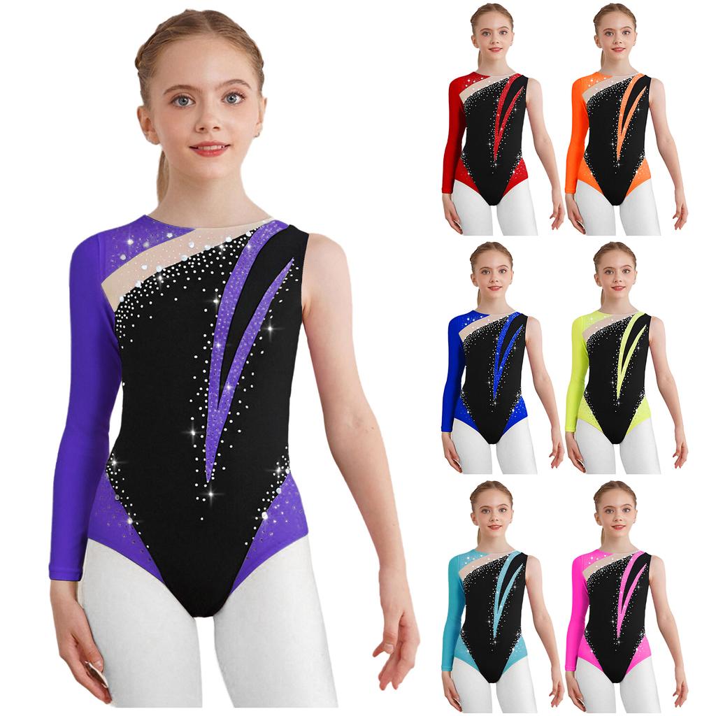 Girls Gymnastics Leotard Round Neck Shiny Rhinestones Color Block Asymmetrical Dance Costume