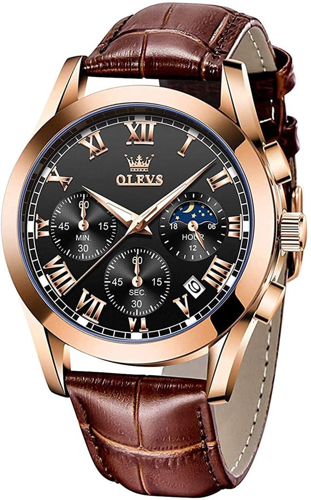 OLEVS Waterproof Analog Quartz Watch with Date and Day Day Gift Men's Display, Brown, Father's (Brown-Black)