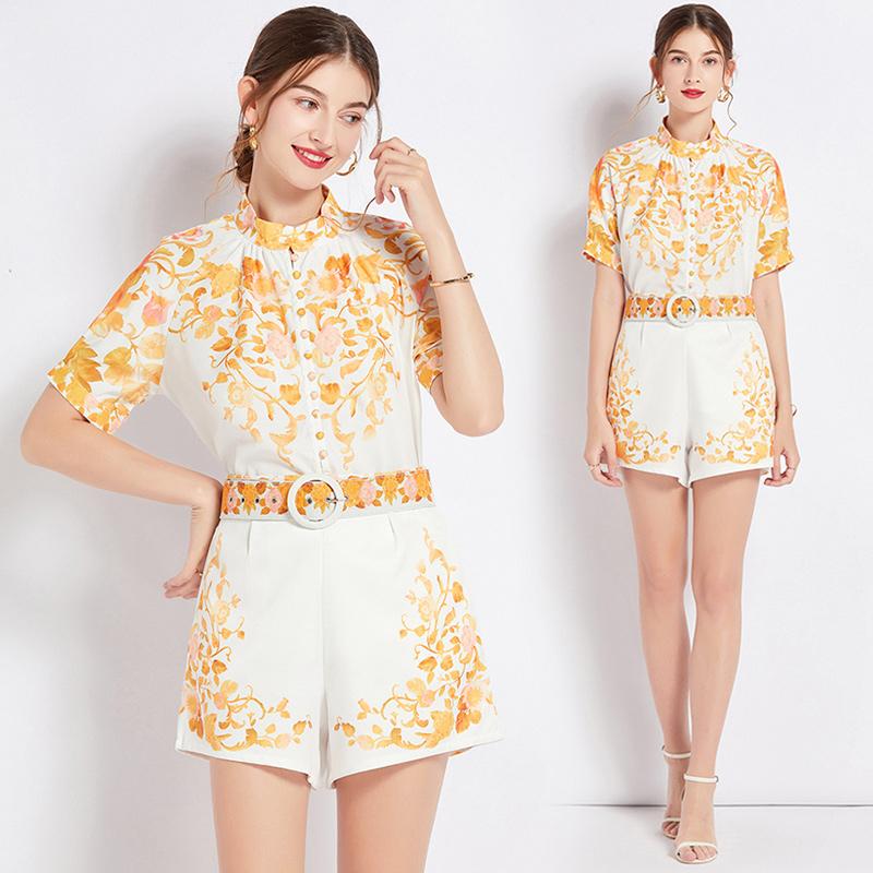 Spring Summer Runway Flower Pant Suit Women Long Sleeve Holiday Floral Print Shirt Top + Pocket Shorts 2 Piece Set