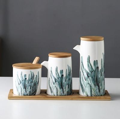 marble Ceramic Gravy Olive Oil Pot set Soy Sauce Vinegar Seasoning Can Oil Bottle Kitchen Cooking Tools Storage Bottles set
