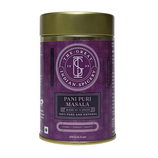 The Great Indian Spicery | Pani Puri Masala - 150gm Tin | Steam Sterilisation, Farm Fresh, Authentic Blend of 12 Spices, Non-Adulterated