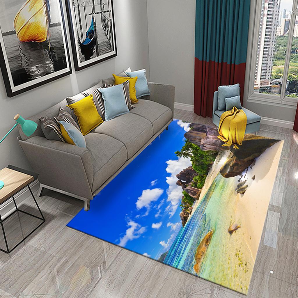 3D Tropical Island Ocean Beach Print Carpet for Kitchen Bathroom Living Room Bedroom Non-slip Absorbent Modern Home Decor Carpet