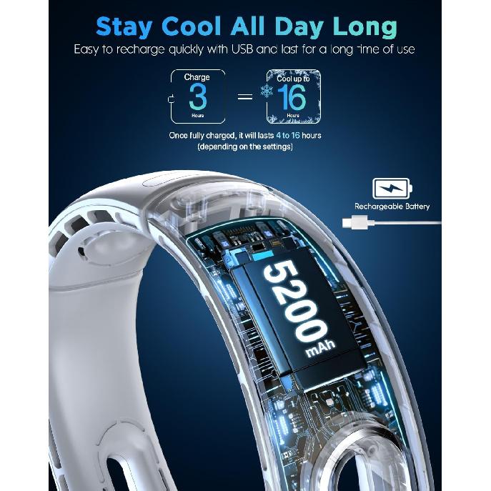 Neck Fan, Hands Free Bladeless Neck Fans Portable Rechargeable, 360° Cooling Neck Fan, 4 Speeds, Quiet, 5200 mAh Battery Operated USB Wearable