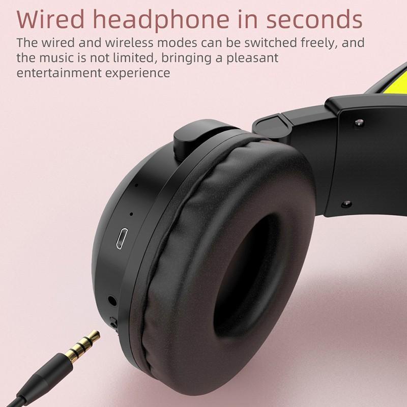 Căști de gaming cu LED, cu ureche de pisică, pliabilă, montată pe cap, Căști Bluetooth 5.0, căști fără fir adevărate cu microfon