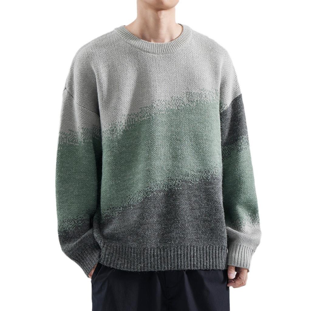 Autumn and Winter Thickened Sweater Men's Round Neck Gradual Change Knitted Sweater Fashion Loose Lazy Style Men's Color Matching Sweater Sweater