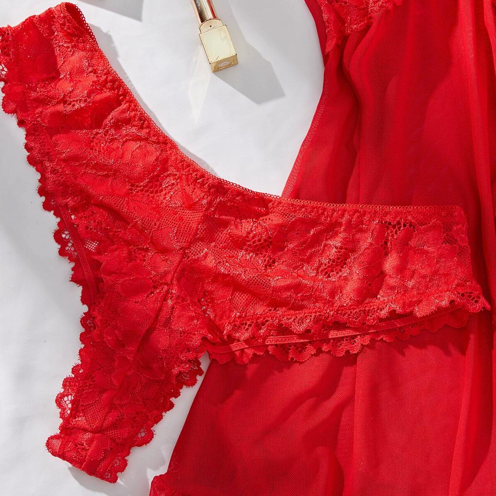 Sexy Lingerie Set Women Erotic Bra Nightdress Sexy Lace Sleepwear Solid Slim Soft Dresses V Neck Full Slip Sleepwear & Dresses