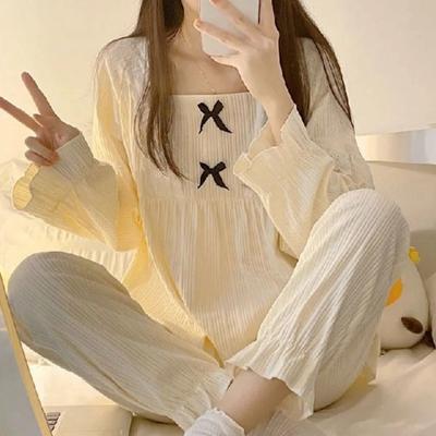 Spring and Autumn Women's Princess Style Bow Tie Pajamas Homewear Two-Piece Set of Girls Students Casual Pajamas Homewear