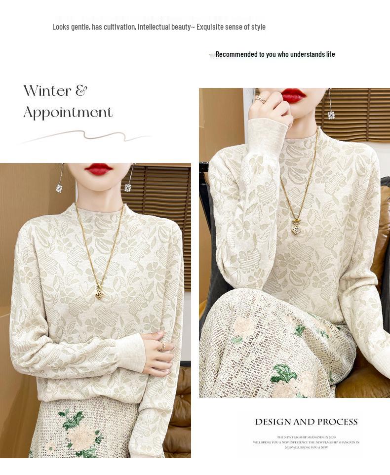 Dark Floral Half-High Collar Sweater for Women - Autumn/Winter Knitwear, Versatile Stylish Base Layer Top