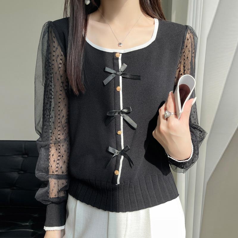 

Женский свитер с круглым вырезом, кружевной, с длинными рукавами, летний, новый, ажурный топ XXL чёрный