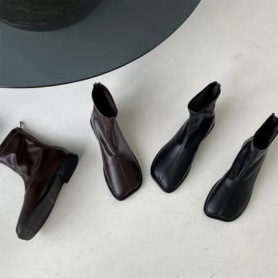 2024 Zapatos de Rock Mujer Botas de Otoño Tacón Plano Botas con Cremallera-Mujer Señoras Tobillo Cuero Goma Bajo 2024 Tela Punta Cuadrada Roma Básico Sol
