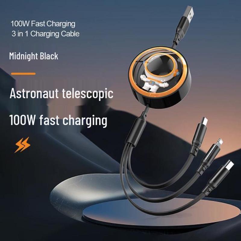 Three-in-One Retractable Fast Charging Cable (6A) for Huawei, Apple, Android Devices
